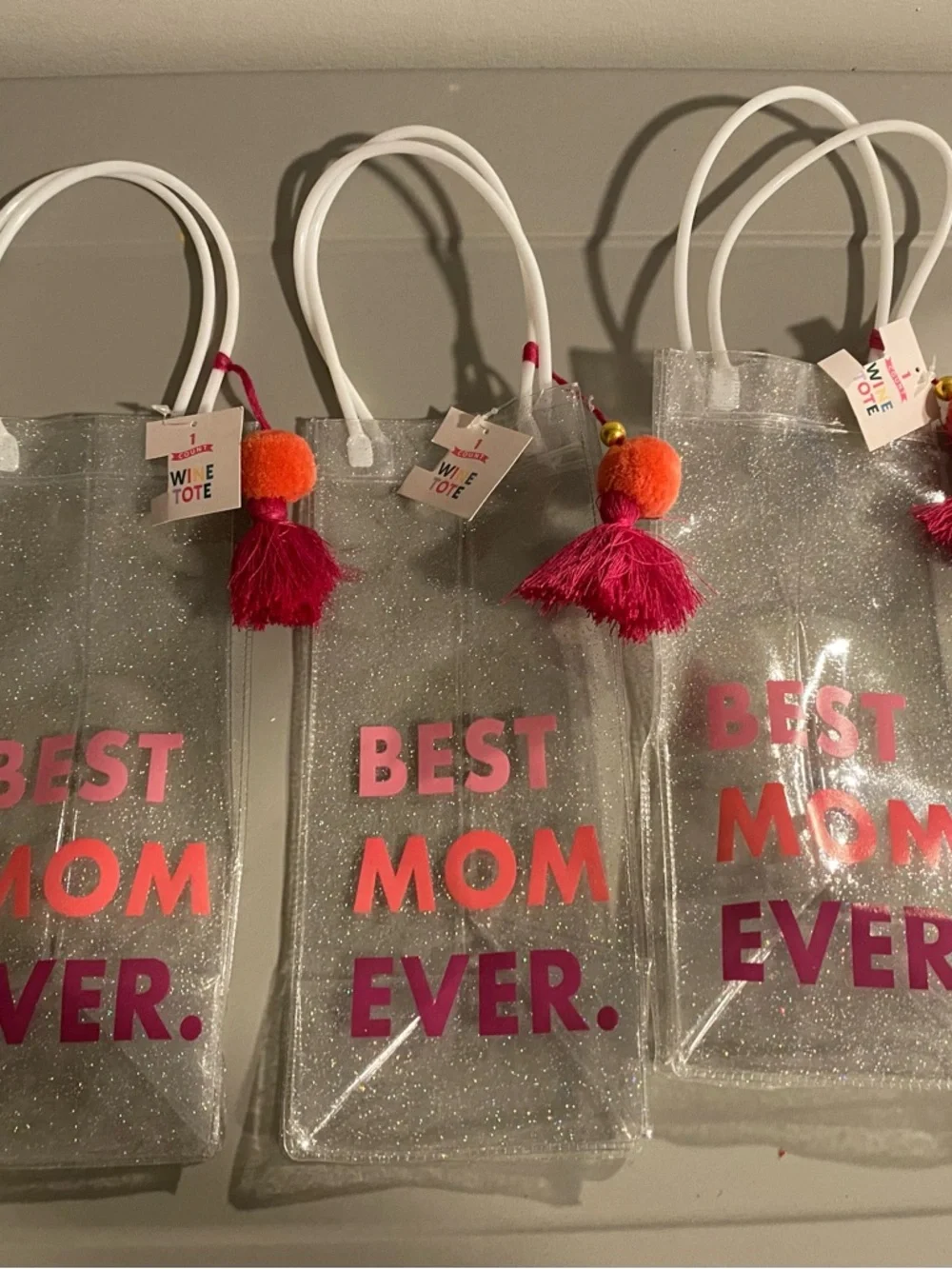 Best Mom Ever Glitter Wine Tote - Pink/Orange Accents